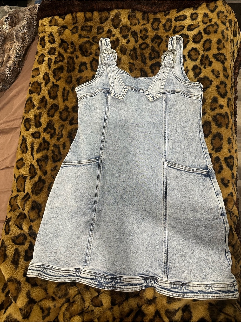 Light Blue Denim Pinafore Dress with Buckle Adjustable Straps